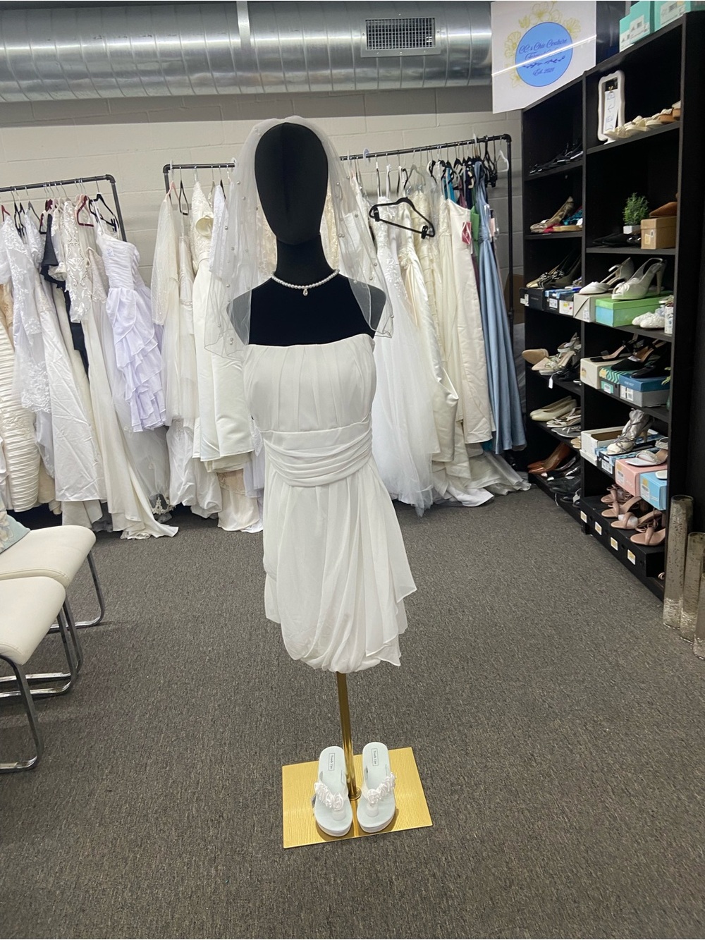 NWT David's Bridal White Short Chiffon Bridal Dress with Sheer Straps
